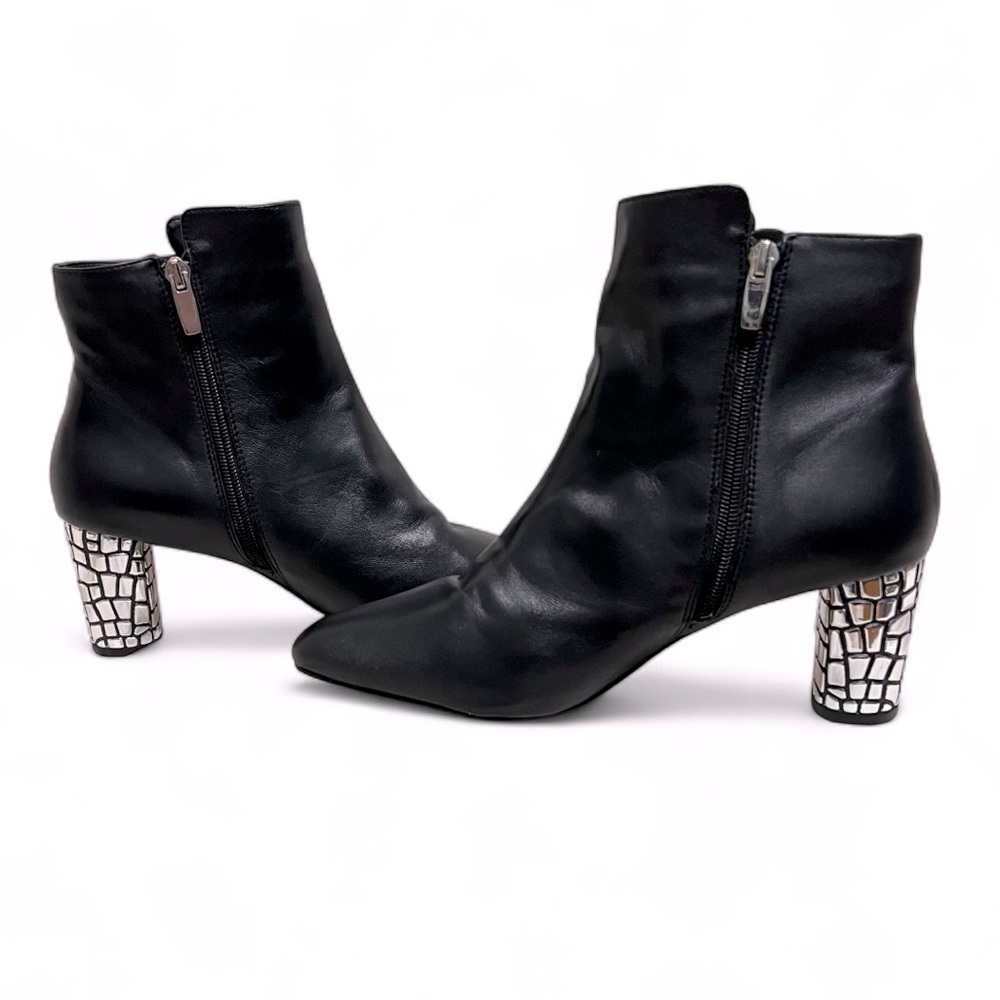 J. Renee Black Leather Booties with Silver Heel Ankle Boots